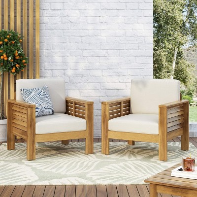 VYNXARIA Outdoor Acacia Wood Club Chairs with Cushions, Teak+Beige( Set of 2)