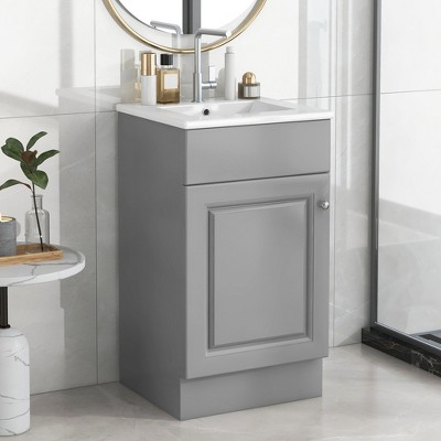 ALEXOUN 18 Inch Bathroom Vanity with Ceramic Sink,Free-Standing Wooden Single Storage Cabinet with Adjustable Shelf & Storage Rack,