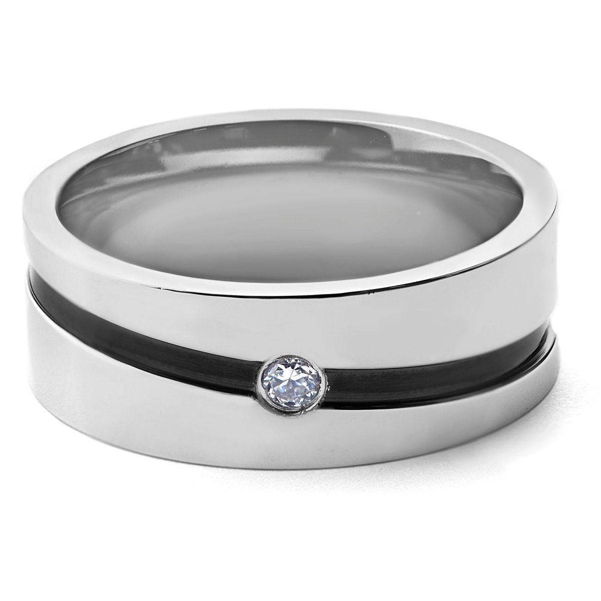 West Coast Jewelry Men's Cubic Zirconia Black Stripe Stainless Steel Wedding Band - thumbnail 3