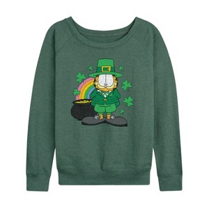 Women's - Garfield - Rainbow Shamrocks Lightweight French Terry Wide Neck Long Sleeve Shirt - 1 of 4