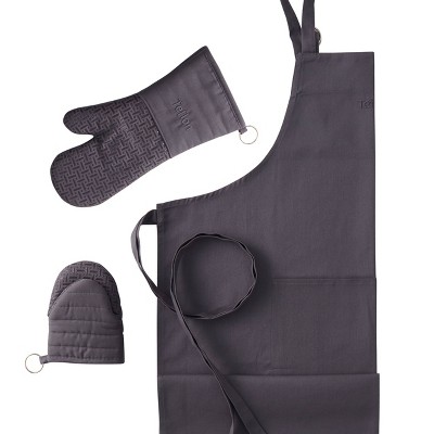 Teflon 3pc Cotton Kitchen Apron and Mini Oven Mitt Set Gray