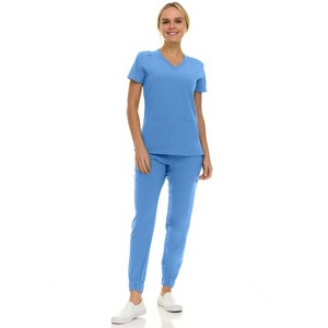 Saint Scrubs Womens 9-Pocket Medical Uniform Set- V-Neck Stretch Top with Seven Pocket Jogger Scrub Pant - 1 of 4