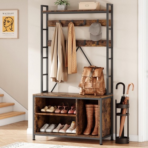 Industrial Hall Tree Entryway Storage factory Shelf Stand with Hooks, Shoe Bench