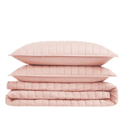 Blush Cotton Full/Queen Quilt Set with Vertical Channel Stitch