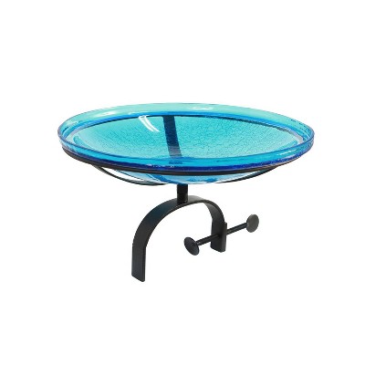 8.5" Diameter Reflective Crackle Glass Birdbath Bowl with Over Rail Bracket Teal Blue - Achla Designs