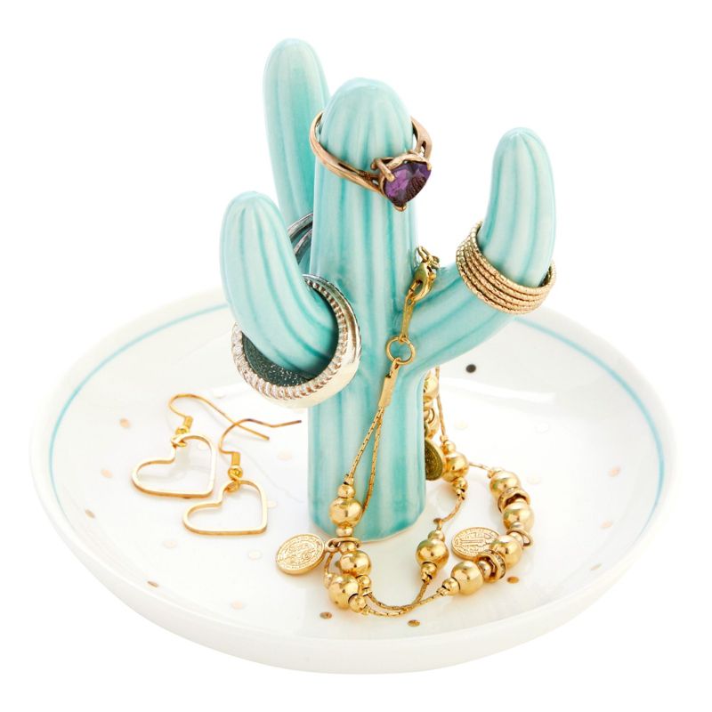 Okuna Outpost Cactus Ring Holder For Jewelry, Organizer Dish for Women, Wedding Decor, Birthday Gift, Earrings, Necklace, Bracelet (Teal, 5x4 in), 1 of 9