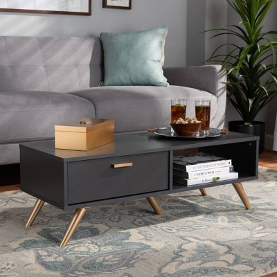 Dark Grey and Gold Wood Coffee Table with Storage Drawer