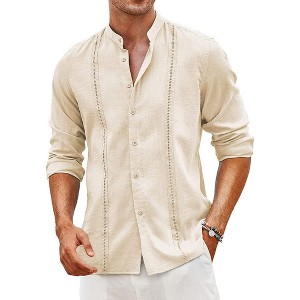 COOFANDY Men's Cuban Guayabera Shirts Casual Long Sleeve Button Down Shirts Band Collar Linen Summer Beach Shirts - 1 of 2