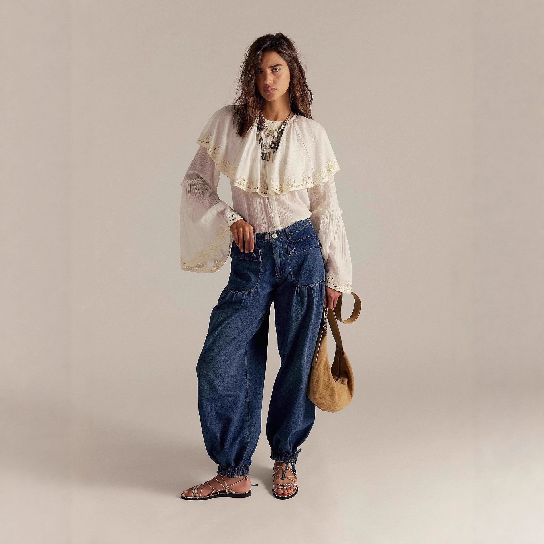 Coolmee Women's Baggy Jeans Fashion Mid Rise Tie Ankle Wide Leg Harem Palazzo Denim Pants with Pockets