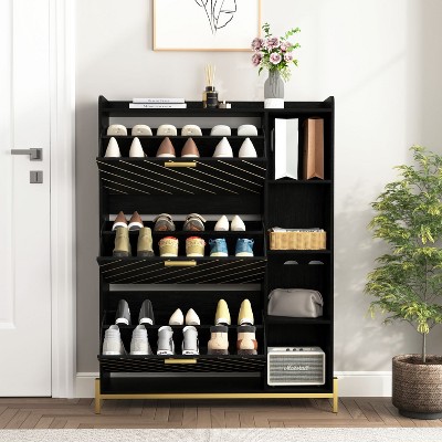 Narrow Hidden Shoe Racks with 3 Flip Drawers and Open Shelves, Shoe Cabinet with Open Storage Space - The Pop Home