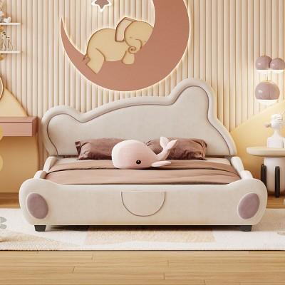 Twin Size Velvet Platform Bed With Bear-Shaped Headboard, Beds Platform With Bed-End Storage Pocket, Twin Bed Modern-Cuddlewood