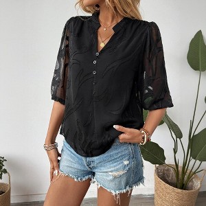 YESFASHION Women's Sheer Floral Jacquard Stand Collar Blouse Half