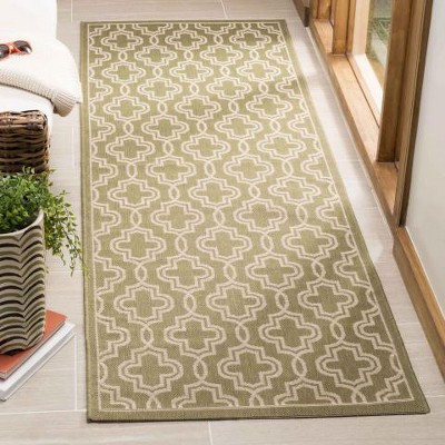 Green and Beige Geometric Tufted Runner Rug