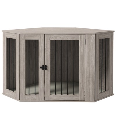 Large Gray Wood Corner Dog Crate Table with Cushion