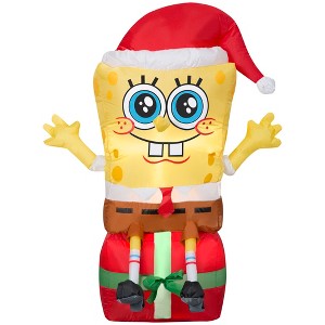 Gemmy Christmas Airblown Inflatable SpongeBob Sitting On Gift Nick, 3.5 ft Tall, Multi - 1 of 4