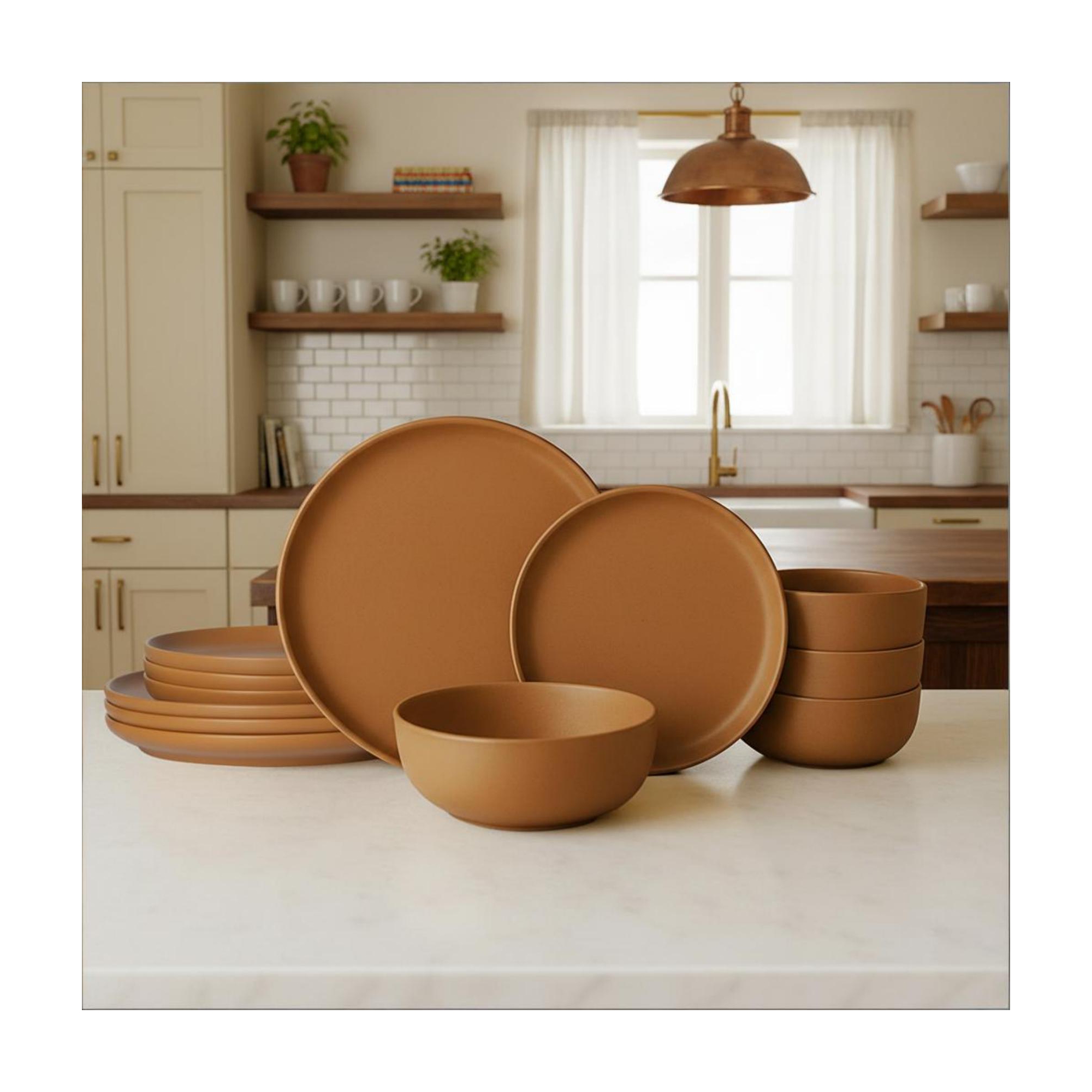 GreenElevate Porcelain Elegance 12-Piece Dinnerware Set for 4, Plates&Bowls, Microwave & Dishwasher Safe, Non-Toxic Matte Glaze, Stackable Dishware