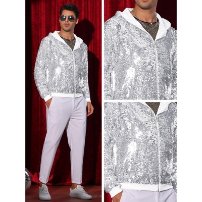 Lars Amadeus Men's Long Sleeves Zip Up Sparkle Metallic Sequins Hoodie Jackets XX Large Silver — фото 4