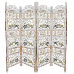 Classic 4 Panel Mango Wood Room Divider with Elephant Carvings Gold/White - Benzara