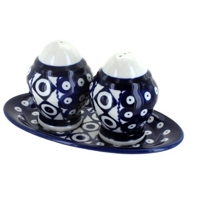 Blue Rose Polish Pottery Xena Salt & Pepper Shakers with Plate