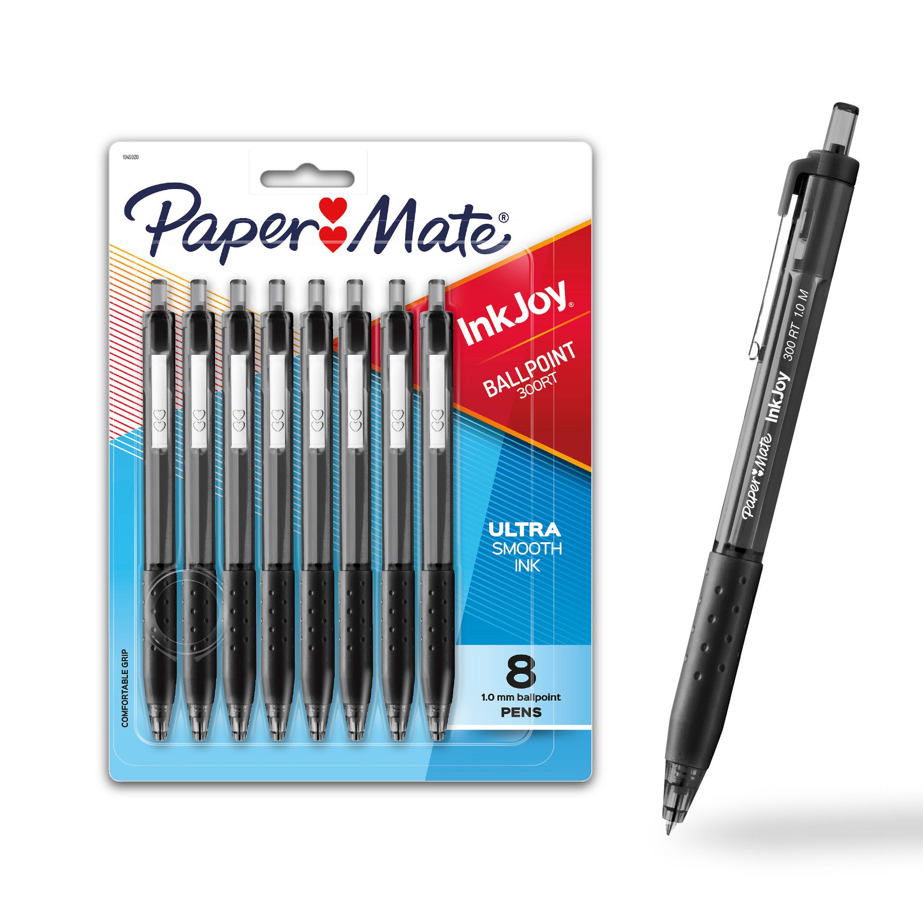 Paper Mate Ink Joy 8pk 300RT Ballpoint Pens 1.0mm Black: Retractable, Rubber Grip, Pocket Clip, Stationery, Office Supplies