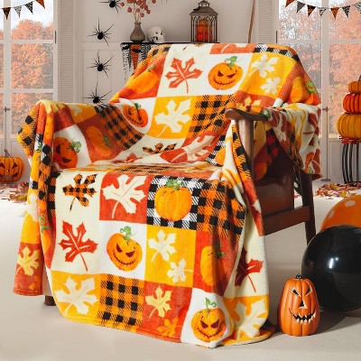 Halloween Fleece Throw Blanket, Pumpkin, Leaves Fall Plaid Blanket, Soft Fuzzy Plush for Couch Sofa or Bed, Luxury Flannel Lap Blanket