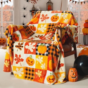 Halloween Fleece Throw Blanket, Pumpkin, Leaves Fall Plaid Blanket, Soft Fuzzy Plush for Couch Sofa or Bed, Luxury Flannel Lap Blanket - 1 of 4