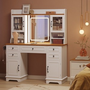 Vanity Desk with LED Lighted Mirror, Makeup Vanity Table with 5 Drawers, 4 Doors, and 3 Storage Shelves for Bedroom, Dressing Room - 1 of 4