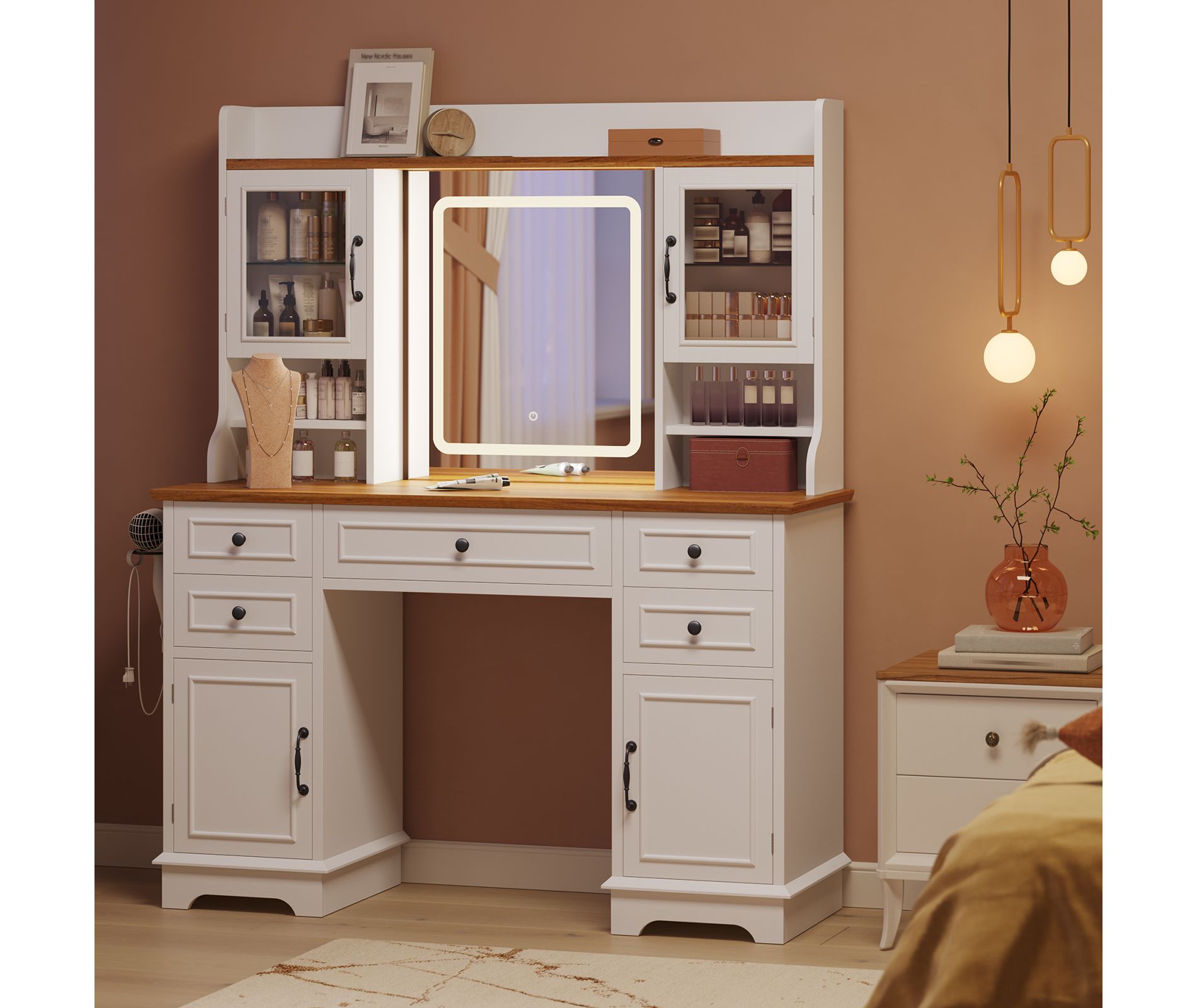 Vanity Desk with LED Lighted Mirror, Makeup Vanity Table with 5 Drawers, 4 Doors, and 3 Storage Shelves for Bedroom, Dressing Room, White