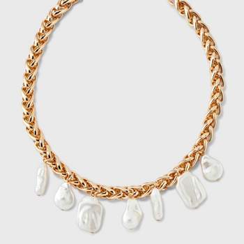 Braided Pearl Drop Chain Necklace - A New Day™ Gold/White