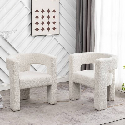 Set of 2 Cream Boucle Barrel Accent Chairs with Wood Frame