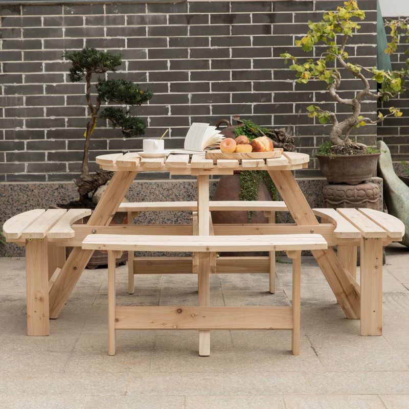 Gardenised Wooden Outdoor Patio Garden Round Picnic Table with Bench, 8 Person- Natural, 5 of 12