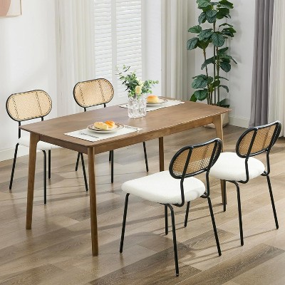 TYBOATLE Dining Chairs Set of 2, Mid-Century Modern Rattan Back Chairs with Black Faux Leather, Metal Legs, Boho Cane Chairs for Dining Room