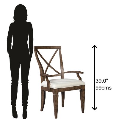 White Linen Upholstered Cross Back Arm Chair with Wood Frame