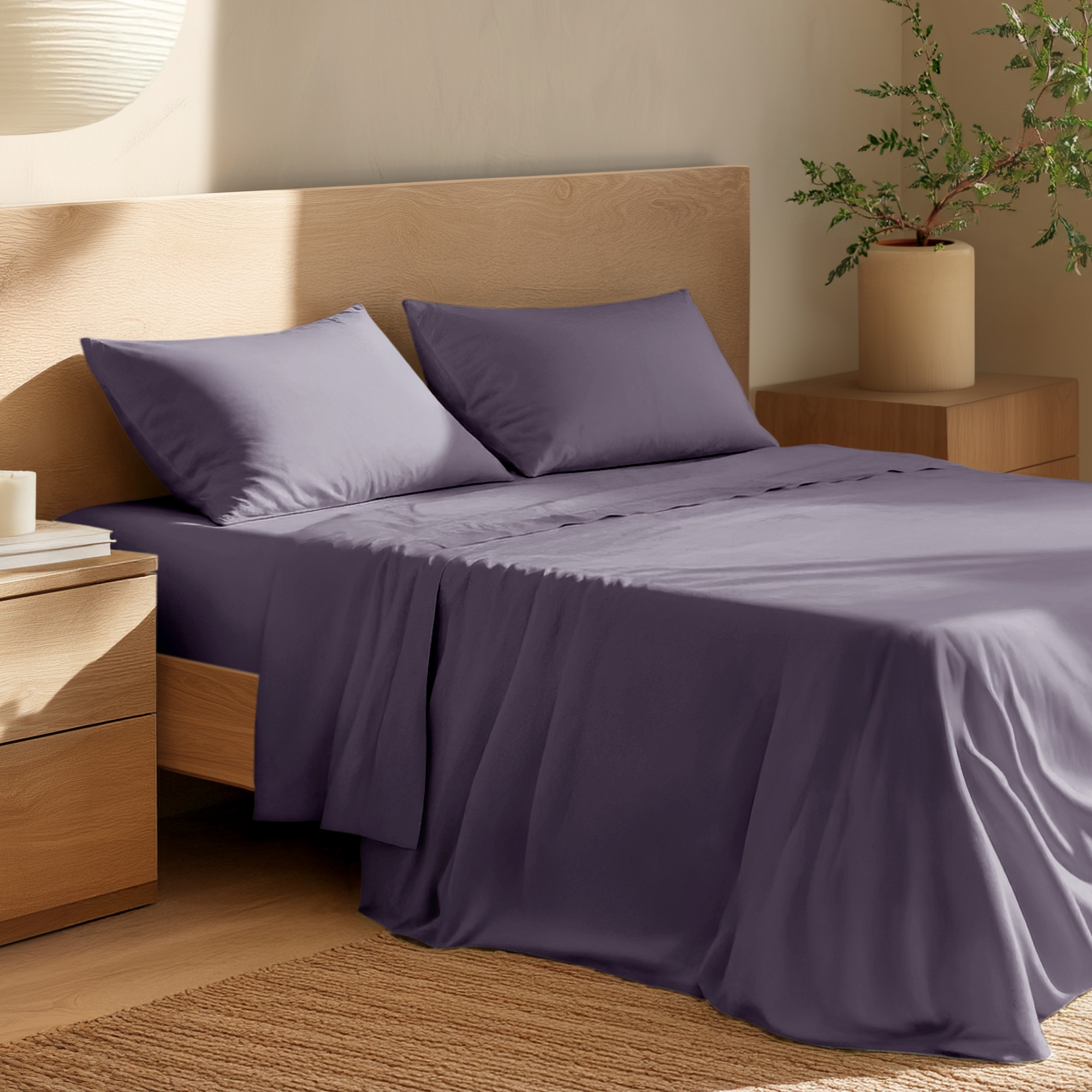 4 Piece 100% Organic Cotton Percale Cooling Sheet Set by Bare Home - Queen, Dusty Purple