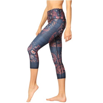 The Yoga Democracy High Waist Yoga Capri Leggings for Women, Athletic Cropped Legging with Sweat-Wicking and UPF Protection (Festival Denim)