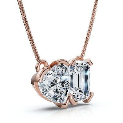 Pompeii3 2Ct Toi Et Moi Heart Emerald Diamond Pendant 14k Gold 18" Necklace Lab Created