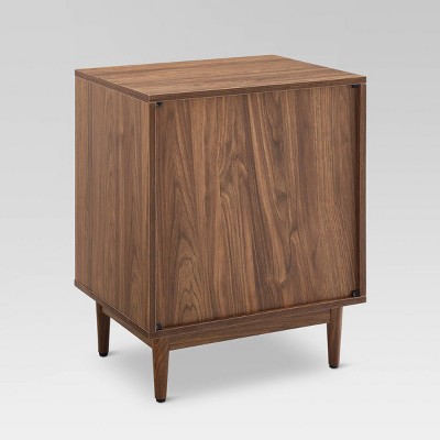 Liam Mid-Century Walnut Wood Side Table with Record Storage