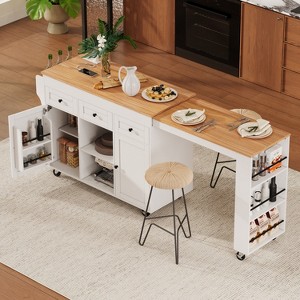 LOVSON 85.5''Extendable Dining Table Kitchen Island with Power Outlet and 3 Open Side Shelves, Kitchen Storage Table with 3 Drawers,2 Doors,White - 1 of 4