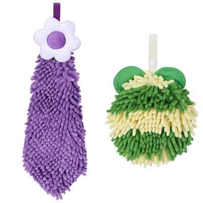 REGALWOVEN Soft Absorbent Cute Fuzzy Hanging Decorative Bathroom Chenille Hand Towel 6" x 15"/7" x 7" 2 Packs
