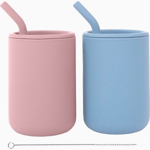 WeeSprout Silicone Baby Cups With Straws and Lids, 4 & 8 oz Options, Set of 2, Food Grade Toddler Training Container, Built In Straw Stoppers - 1 of 4