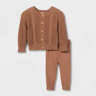 Grayson Collective Baby Cable Knit Cardigan with Leggings Set - Light Brown 3-6M