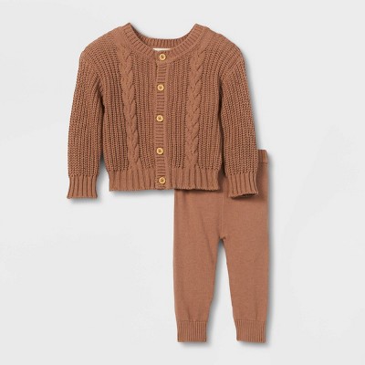Image of Grayson Collective Baby Cable Knit Cardigan with Leggings Set - Light Brown 0-3M