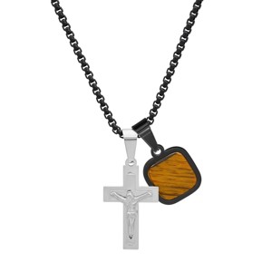Steeltime Men's two tone black ip and stainless steel spinning Lords prayer cross and square dog tag pendant. Color Options: Red, Blue, Green, Brown - 1 of 4