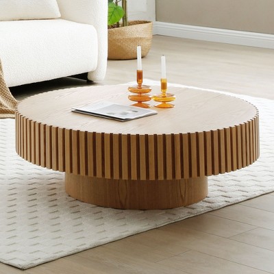 NicBex Round Fluted Coffee Table for Living Room,Modern Handcraft Drum Center Table,Circle Wooden End Table