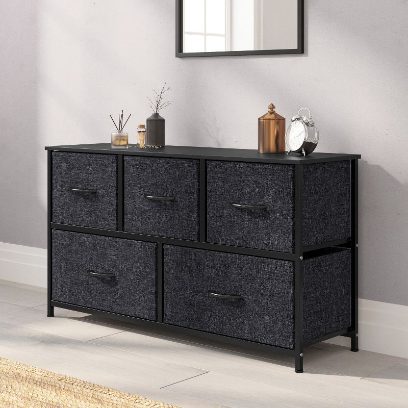 Emma and Oliver 5 Drawer Storage Dresser with Cast Iron Frame, Wood Top and Easy Pull Fabric Drawers with Wooden Handles, 2 of 12