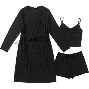 Ekouaer Rib Knit Pajamas Set for Women 3 Piece Lounge Sets Soft Cami and Shorts Pjs with Cardigan Loungewear - 1 of 4