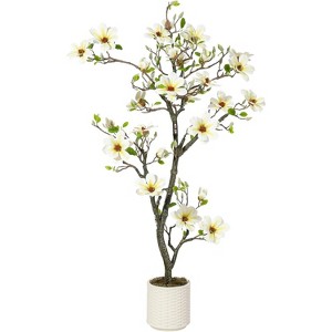 Artificial Magnolia Plants, Faux Flower Trees for Indoor Outdoor , Fake Magnolia Tree with Realistic Flowers, Leaves, Mosses & White Pot - 1 of 4