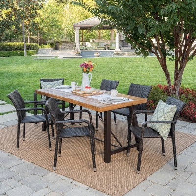 Spencer 7-Piece Brown Wood and Wicker Outdoor Dining Set