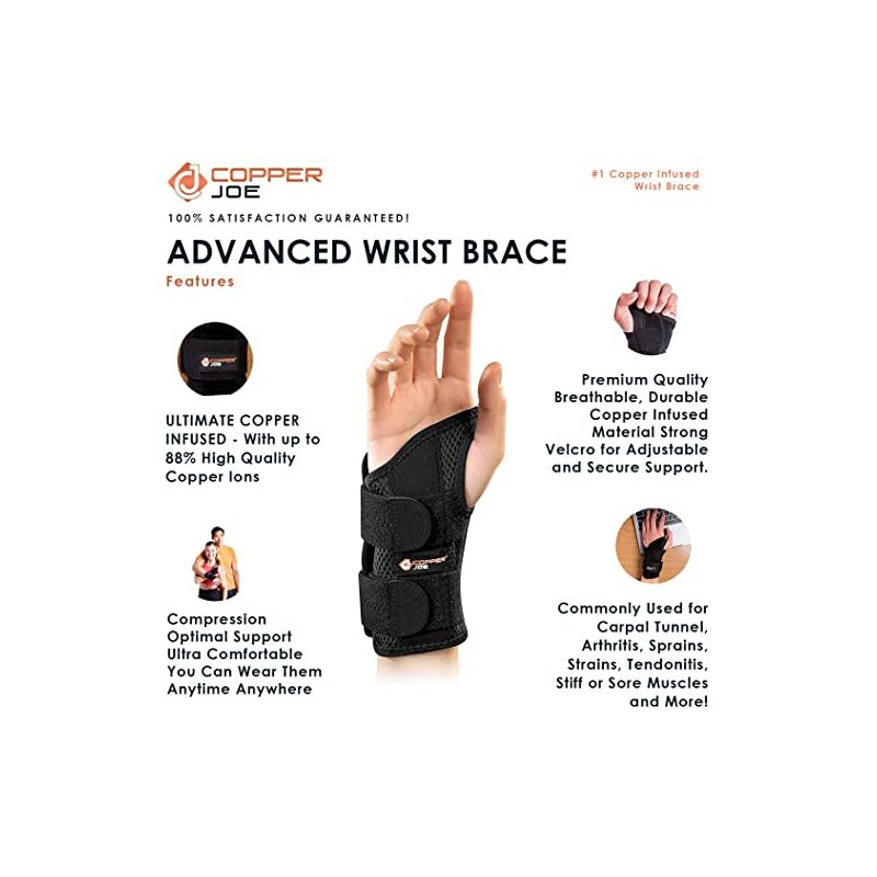 Copper Joe Ultimate Copper Infused Wrist Brace for Carpal Tunnel Tendonitis Arthritis Day and Night Wrist Support Brace Men & Women Left or Right Hand, 4 of 6