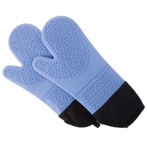 Silicone Oven Mitts - Extra Long Professional Quality Heat Resistant with Quilted Lining and 2-sided Textured Grip - 1 pair Blue by Hastings Home - 1 of 4